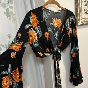 ILLA ILLA Black and Orange Floral Tie-Front Blouse